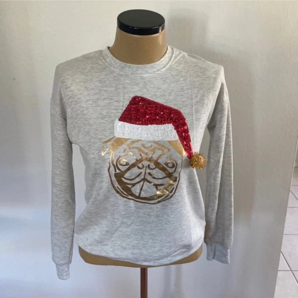 Christmas Pug Sweatshirt Sequin Santa Hat Holiday Dog Pullover Top Small NWT